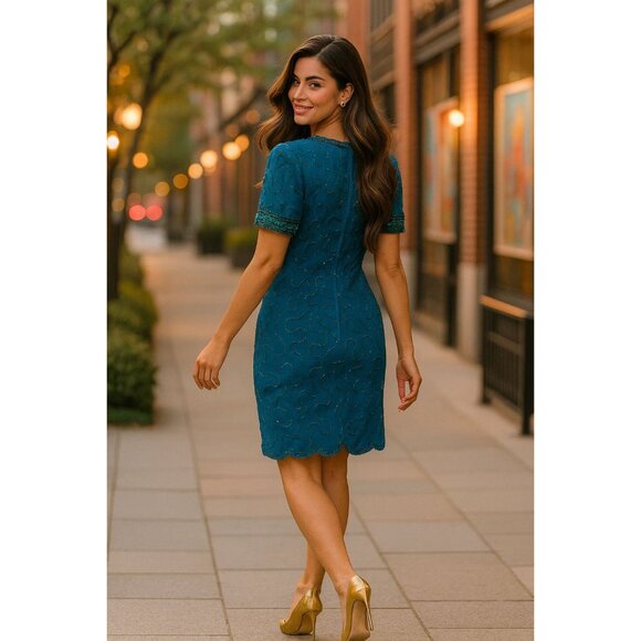 All Silk Vintage Dress by Allyson Whitmore S Teal Hand Beaded Cocktail Party Chi - Picture 6 of 12